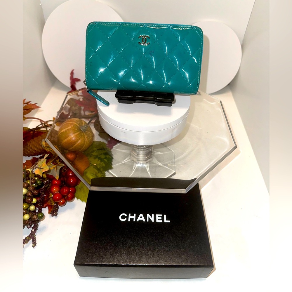 Chanel Quilted Patent Leather Zip Around Wallet Turquoise